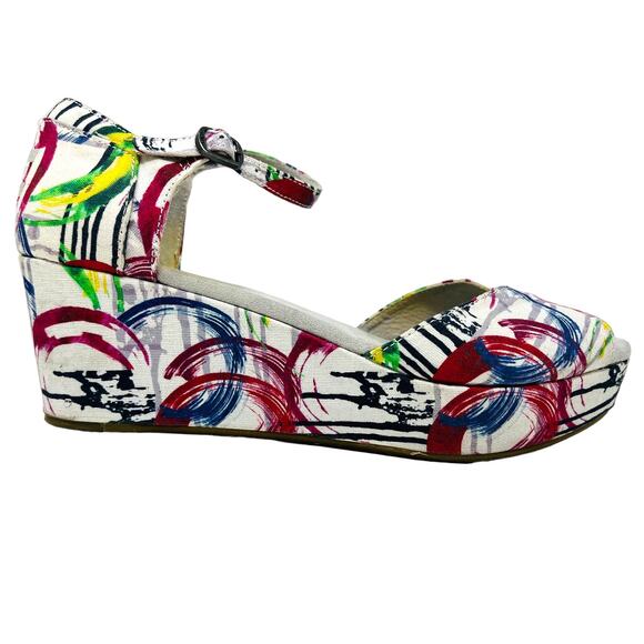 Toms Wedge Heel Peep Toe Pumps Abstract Fabric Print - 9 - Picture 1 of 7